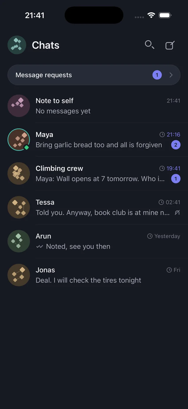 Nyra chat list with constellation avatars, a message requests pill and unread counters