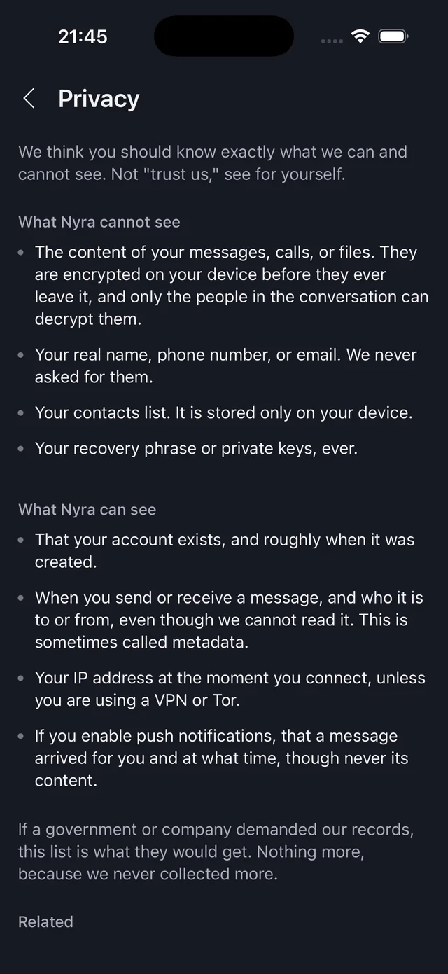 Nyra privacy screen listing exactly what the service can and cannot see