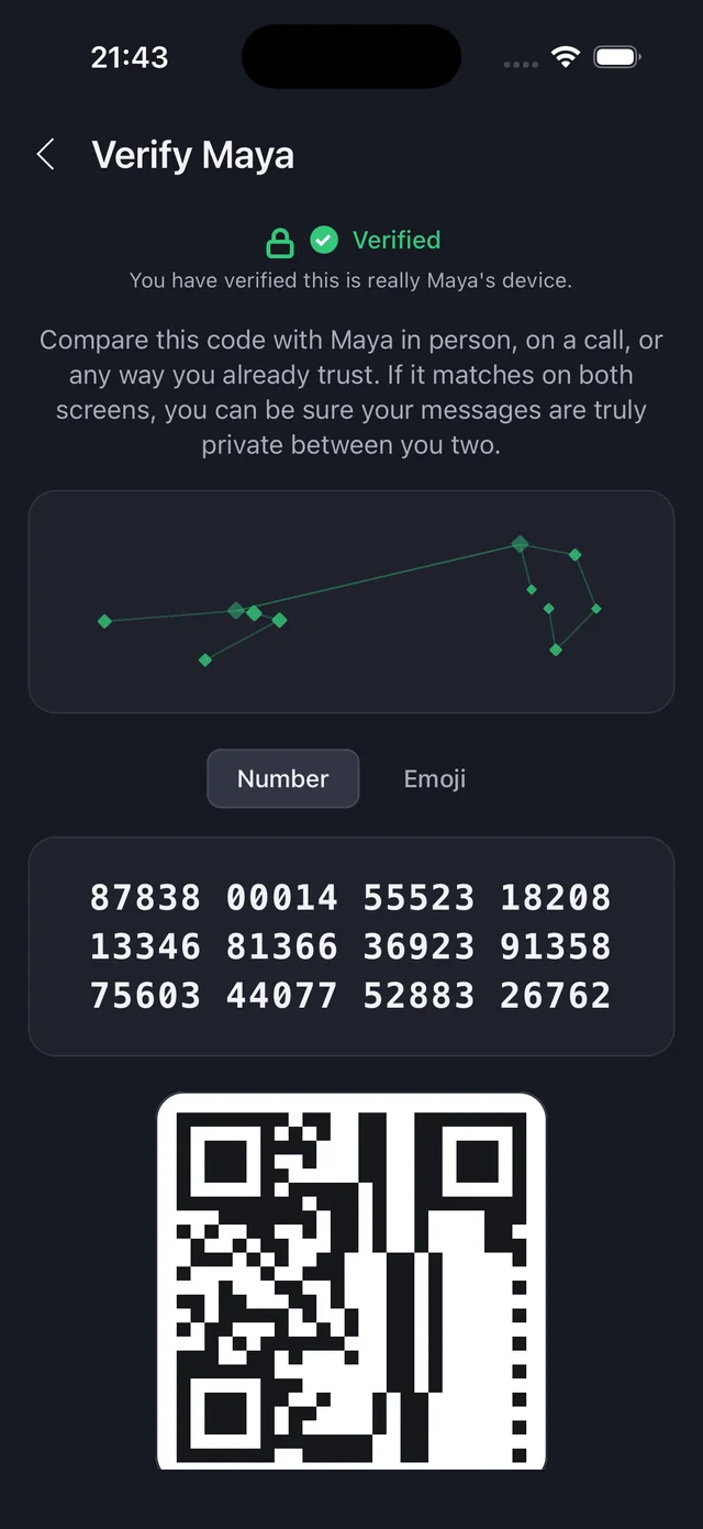Nyra verification screen showing a shared constellation, a safety number and a QR code